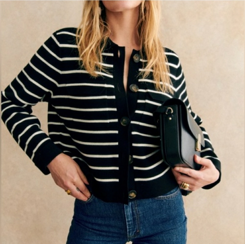 Sezane Black and White Striped Merino Betty Cardigan NWOT